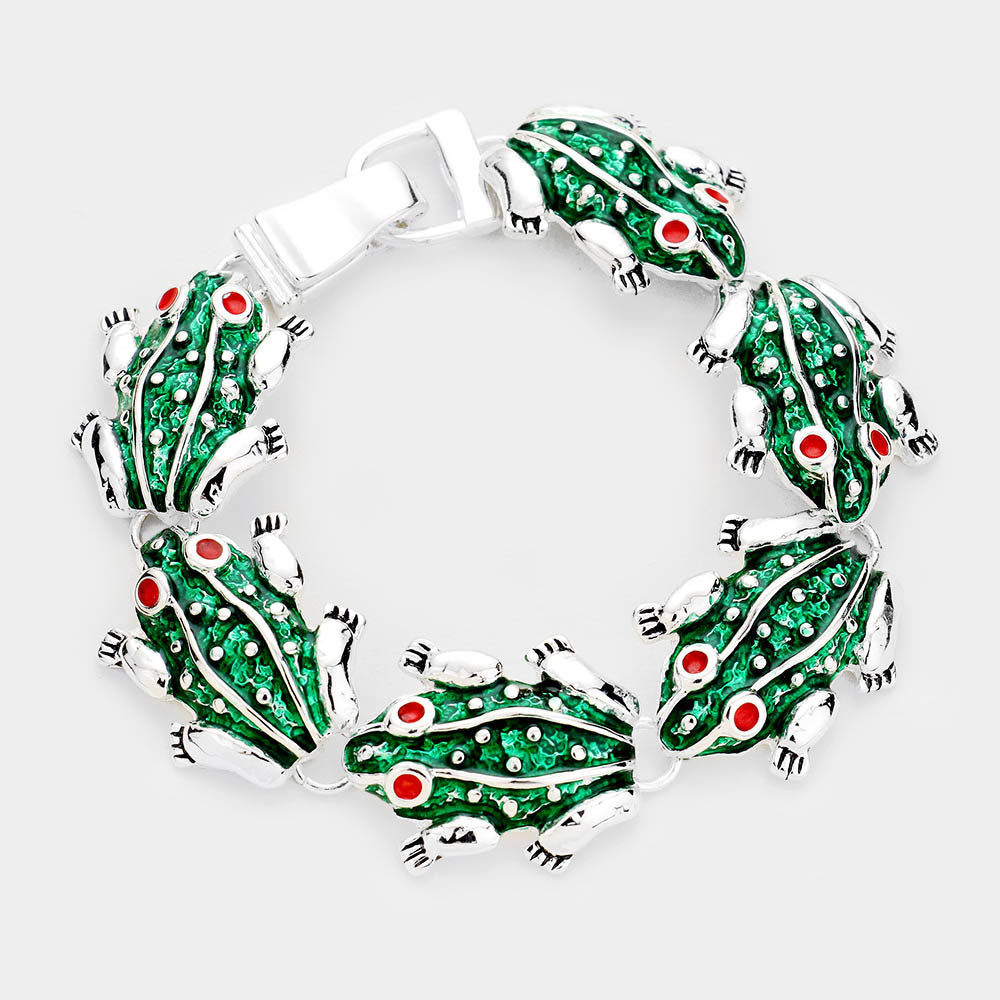 Silver Embellished Enamel Frog Metal Magnetic Link Bracelet