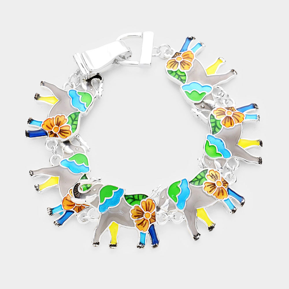 Silver Enamel Metal Elephant Magnetic Bracelet