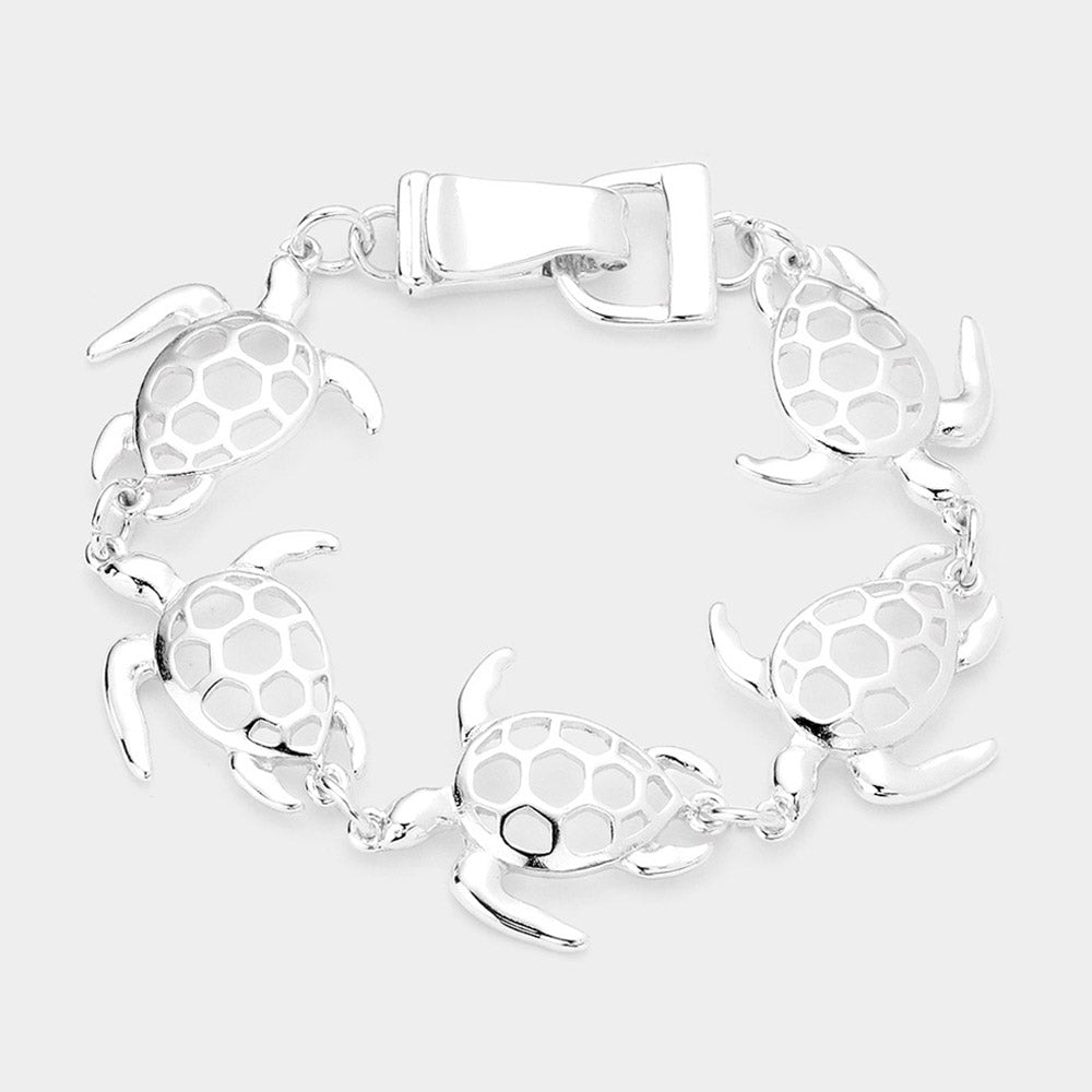 Silver Cut Out Metal Turtle Link Magnetic Bracelet