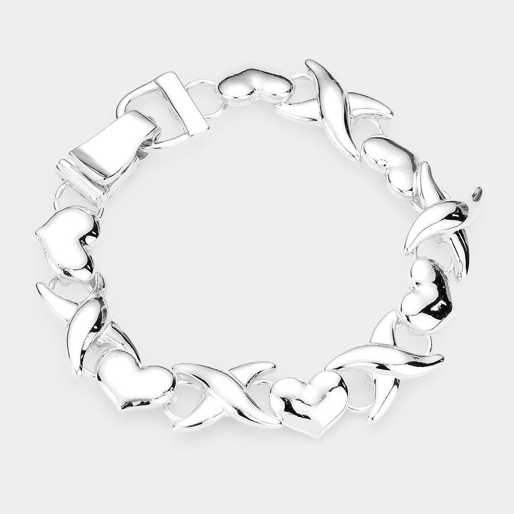 Silver Metal Heart Crisscross Link Magnetic Bracelet