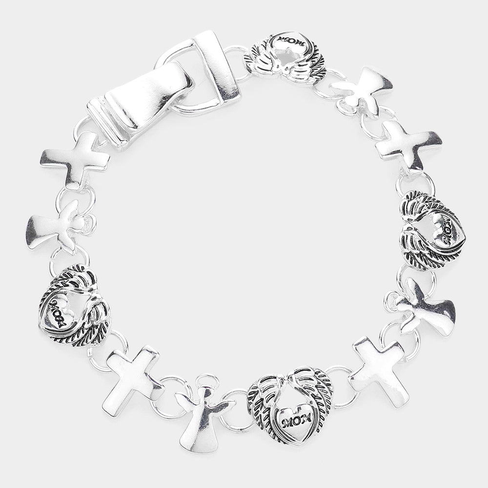 Silver Mom Message Heart Wings Angel Cross Link Magnetic Bracelet