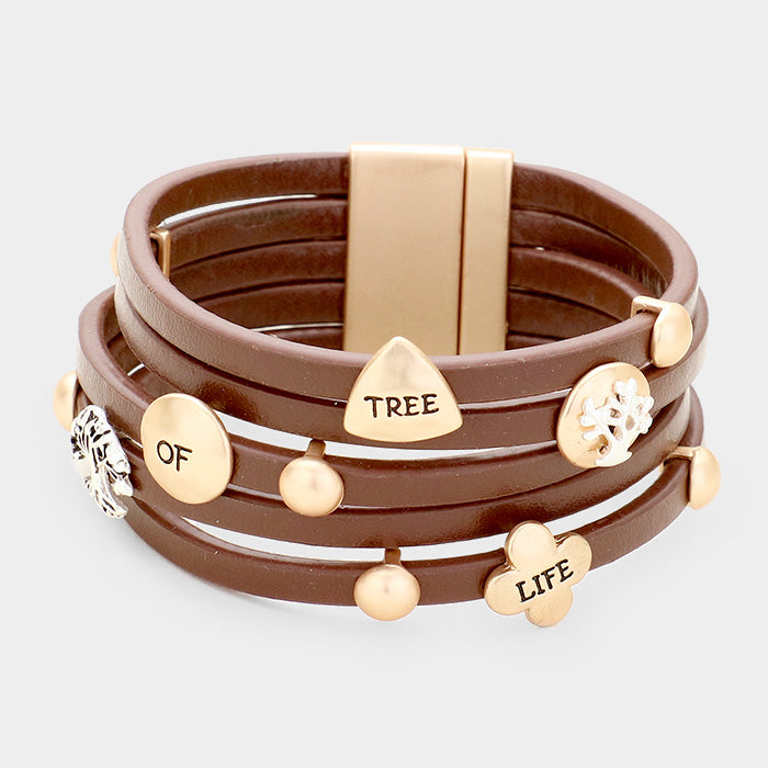Silver 'Tree of Life' Multi Strand Leather Magnetic Bracelet