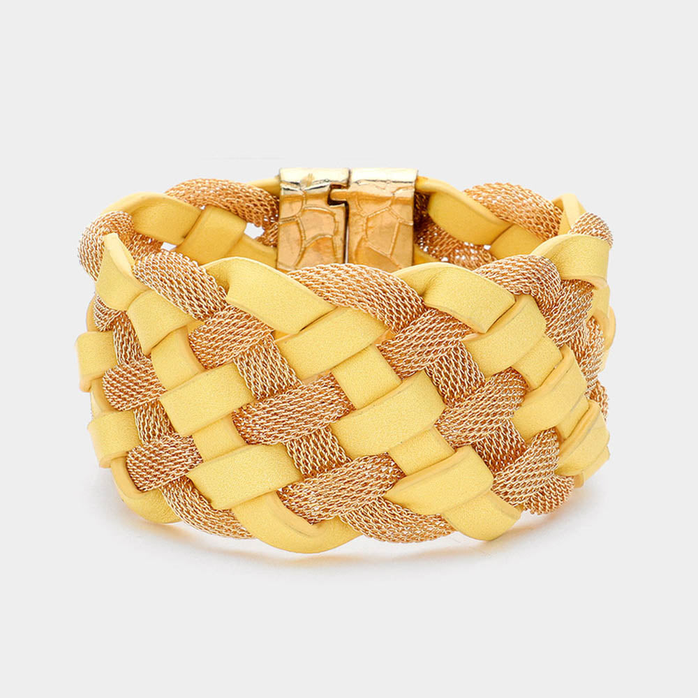 Yellow Braided Metal Mesh Faux Leather Magnetic Bracelet