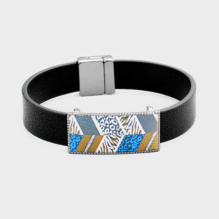 Hematite Geo Patterned Genuine Leather Magnetic Bracelet
