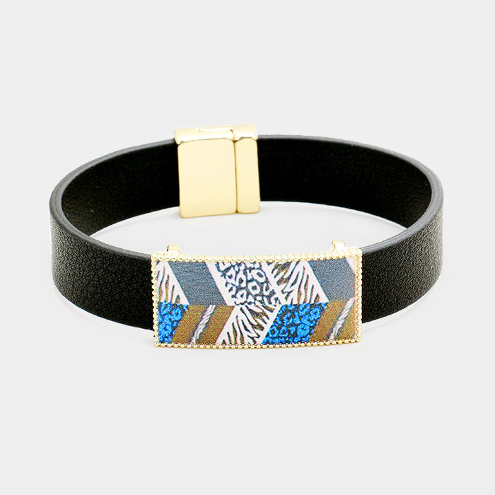 Gray Geo Patterned Genuine Leather Magnetic Bracelet