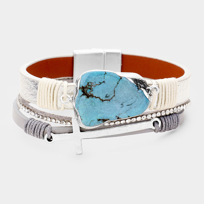 Turquoise Turquoise Stone Accented Cross Magnetic Bracelet