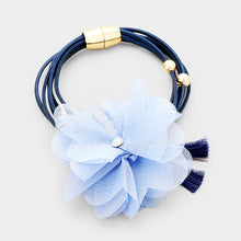 Load image into Gallery viewer, Gold Mesh Fabric Flower Double Tassel Magnetic Bracelet
