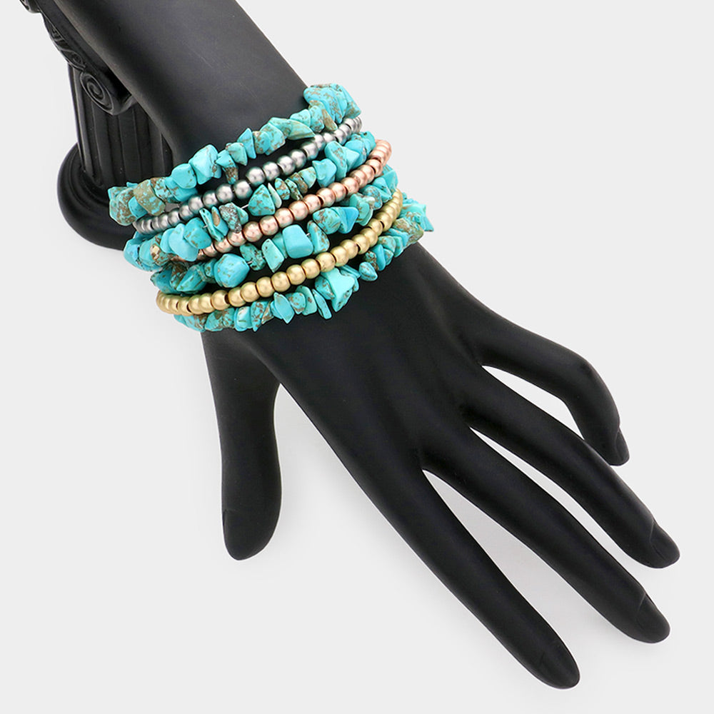 Turquoise Natural Stone Metal Ball Multi Layered Magnetic Bracelet