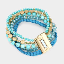 Load image into Gallery viewer, Turquoise Beads Braided Faux Leather Metal Coin Layered Magnetic Bracelet
