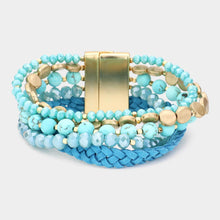 Load image into Gallery viewer, Turquoise Beads Braided Faux Leather Metal Coin Layered Magnetic Bracelet
