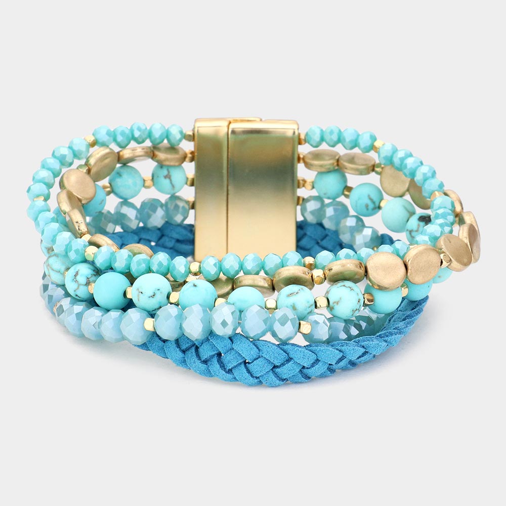 Turquoise Beads Braided Faux Leather Metal Coin Layered Magnetic Bracelet