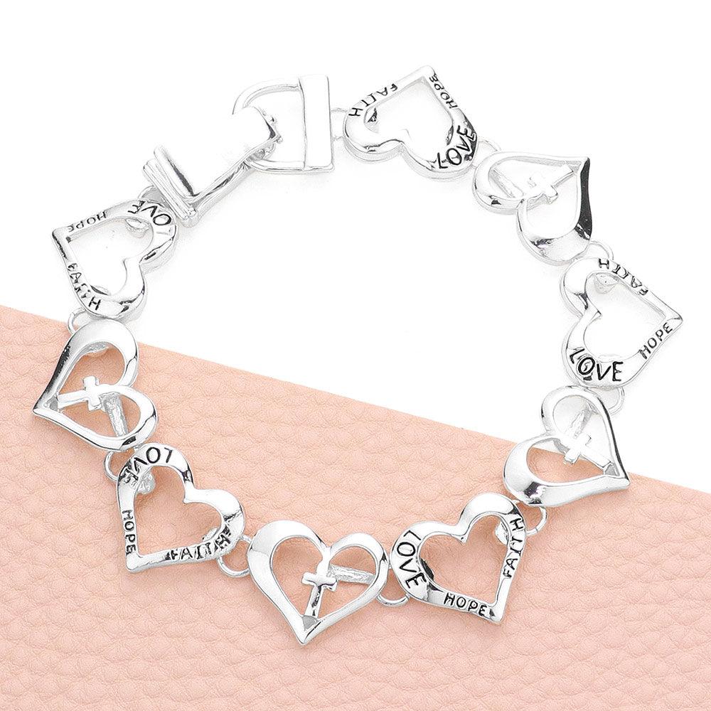 Silver Love Faith Hope Message Cross Heart Link Magnetic Bracelet