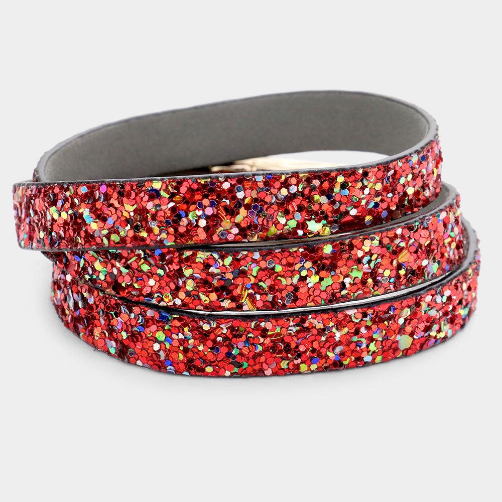 Red Glitter Faux Leather Wrap Bracelet