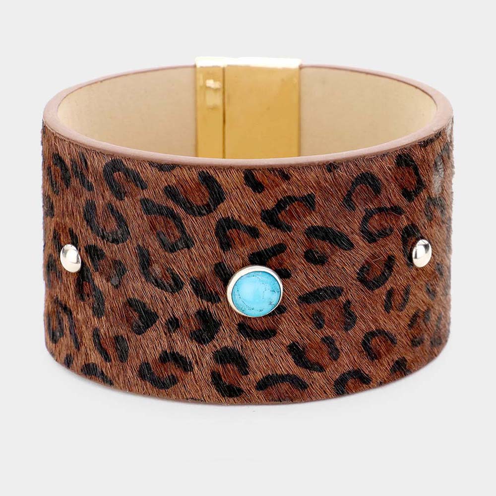 Turquoise Leopard Leather Turquoise Round Magnetic Bracelet