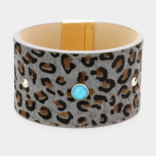 Load image into Gallery viewer, Gray Leopard Leather Turquoise Round Magnetic Bracelet
