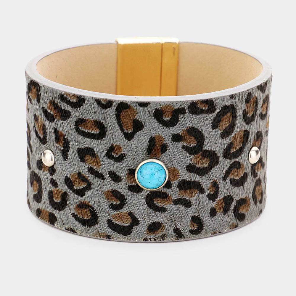 Gray Leopard Leather Turquoise Round Magnetic Bracelet