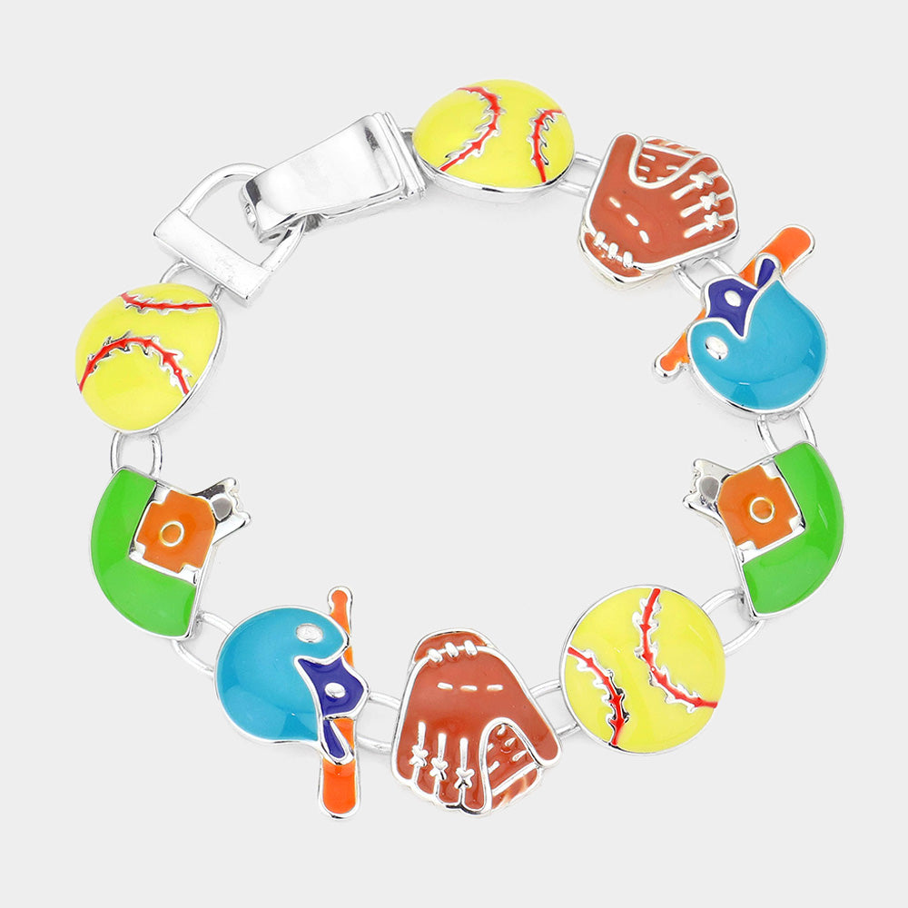 Silver Baseball Theme Link Magnetic Bracelet