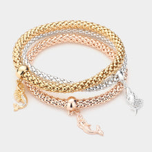 Load image into Gallery viewer, Three Tone 3PCS  Rhinestone Embellished Metal Mermaid Charm Stretch Bracelets
