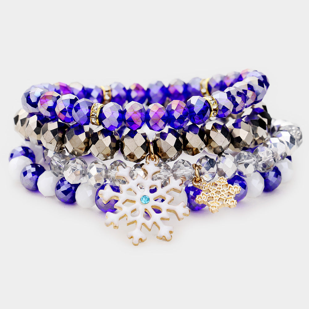 Blue 4PCS  Snowflake Crystal Bead Stretch Layered Bracelets
