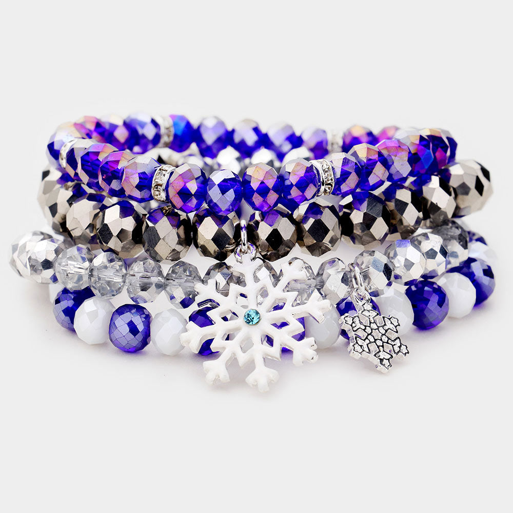 Blue 4PCS  Snowflake Crystal Bead Stretch Layered Bracelets