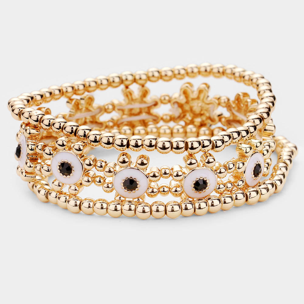 White 3PCS  Rhinestone Enamel Floral Stretch Layered Bracelets