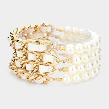 Load image into Gallery viewer, White 4PCS  Faux Leather Braided Pearl Beaded Multi Layered Bracelets
