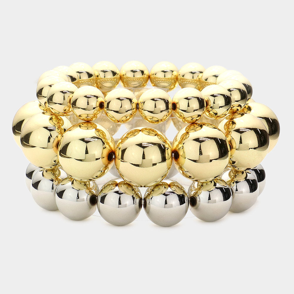 Two Tone 3PCS - Metal Ball Stretch Multi Layered Bracelets