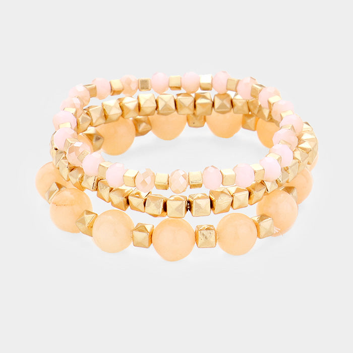 Pink 3PCS  Semi Precious Stone Metal Bead Stretch Bracelets