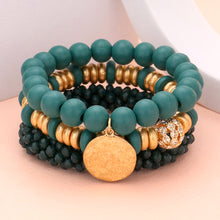 Load image into Gallery viewer, Green 3PCS - Textured Metal Disc Charm Wood Faceted Beaded Stretch Bracelets
