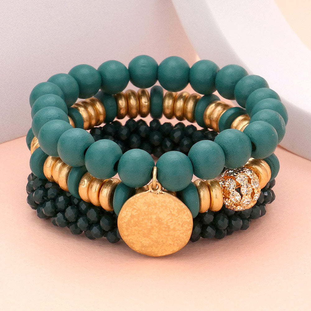 Green 3PCS - Textured Metal Disc Charm Wood Faceted Beaded Stretch Bracelets