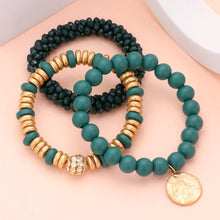 Load image into Gallery viewer, Green 3PCS - Textured Metal Disc Charm Wood Faceted Beaded Stretch Bracelets
