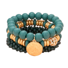 Load image into Gallery viewer, Green 3PCS - Textured Metal Disc Charm Wood Faceted Beaded Stretch Bracelets
