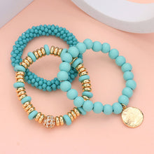 Load image into Gallery viewer, Turquoise 3PCS - Wood Faceted Beaded Hammered Metal Disc Charm Stretch Multi Layered Bracelets
