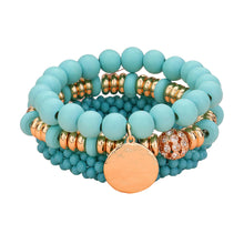 Load image into Gallery viewer, Turquoise 3PCS - Wood Faceted Beaded Hammered Metal Disc Charm Stretch Multi Layered Bracelets
