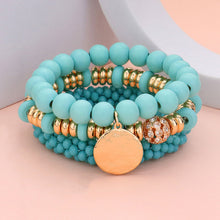 Load image into Gallery viewer, Turquoise 3PCS - Wood Faceted Beaded Hammered Metal Disc Charm Stretch Multi Layered Bracelets
