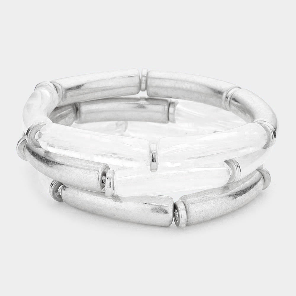 Silver 3PCS  Acetate Bar Accented Stretch Multi Layered Bracelet