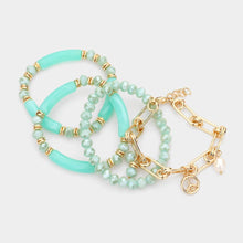 Load image into Gallery viewer, Turquoise 4PCS - Peace Pearl Charm Metal Link Glass Beads Stretch Multi Layered Bracelets
