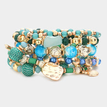 Load image into Gallery viewer, Turquoise 7PCS - Faceted Beads Natural Stone Thread Wrapped Ball Beaded Shell Fish Charm Stretch Multi Layered Bracelets
