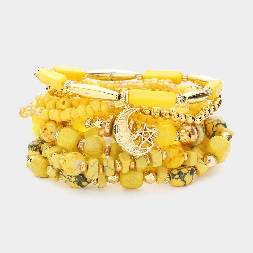 Yellow 9PCS - Moon Star Flower Metal Charm Multi Beads Beaded Multi Layered Bracelets