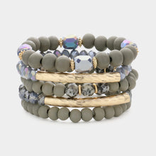 Load image into Gallery viewer, Silver 5PCS  Metal Bar Pointed Wood Faceted Beaded Multi Layered Bracelets
