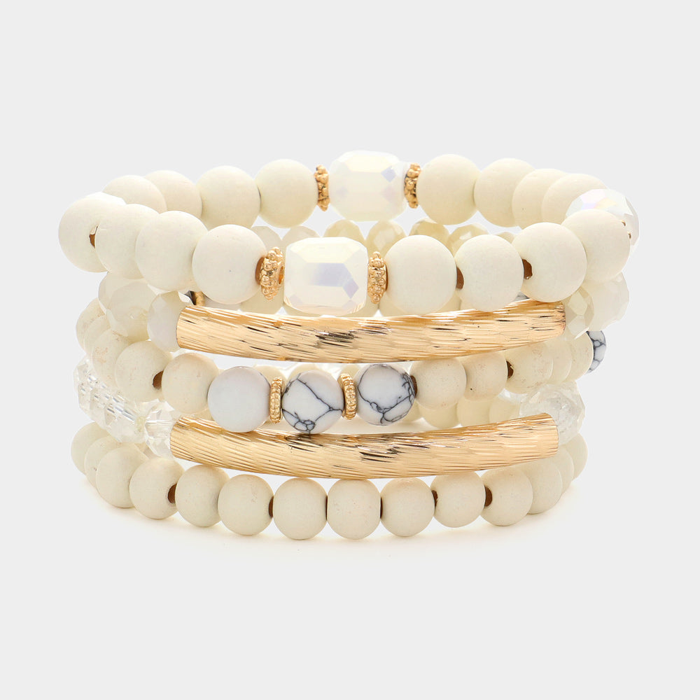 White 5PCS - Metal Bar Pointed Wood Faceted Beaded Multi Layered Bracelets