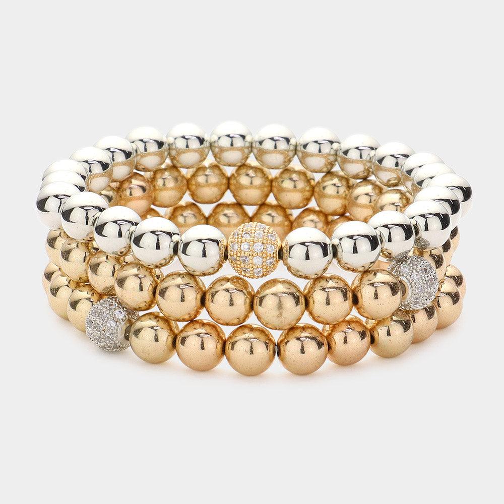 Two Tone 3PCS - Rhinestone Metal Ball Stretch Bracelets