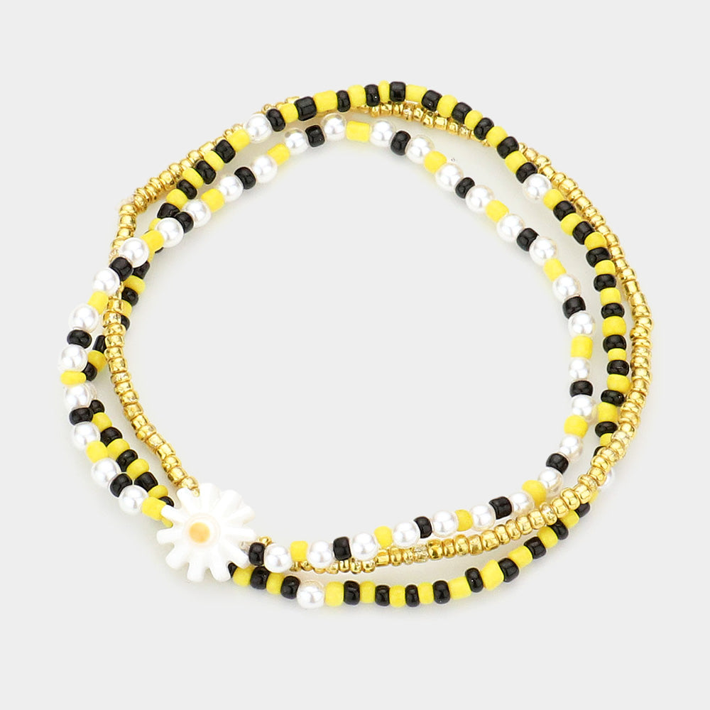 Yellow 3PCS  Flower Accented Pearl Seed Beaded Stretch Bracelets