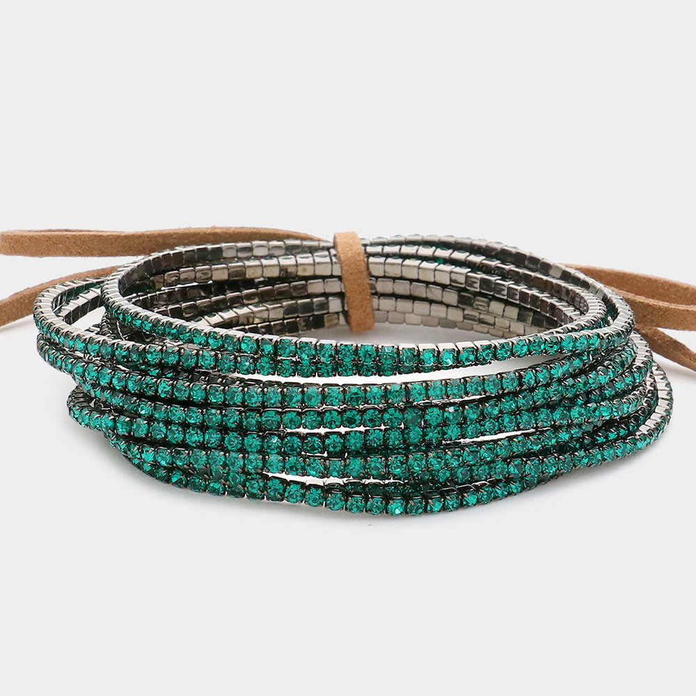 Blue 12PCS - Ribbon Colorful Rhinestone Layered Stretch Bracelets