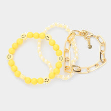 Load image into Gallery viewer, Yellow 3PCS  Smile Beaded Pearl Open Metal Oval Link Bracelets
