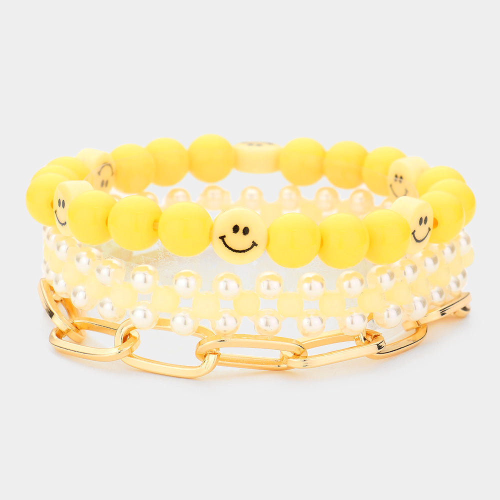 Yellow 3PCS  Smile Beaded Pearl Open Metal Oval Link Bracelets