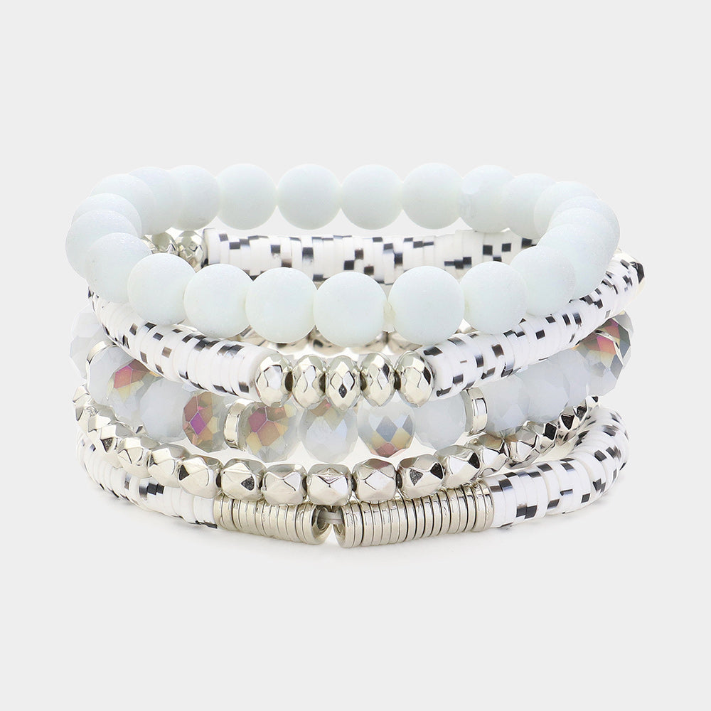 White 5PCS - Faceted Beads Heishi Beaded Multi Layered Bracelets