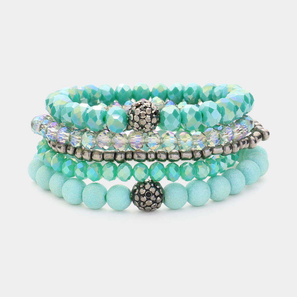 Turquoise 5PCS - Shamballa Ball Pointed Faceted Beaded Stretch Multi Layered Bracelets