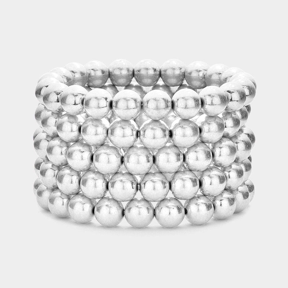 Silver 5PCS  Metal Ball Stretch Multi Layered Bracelets