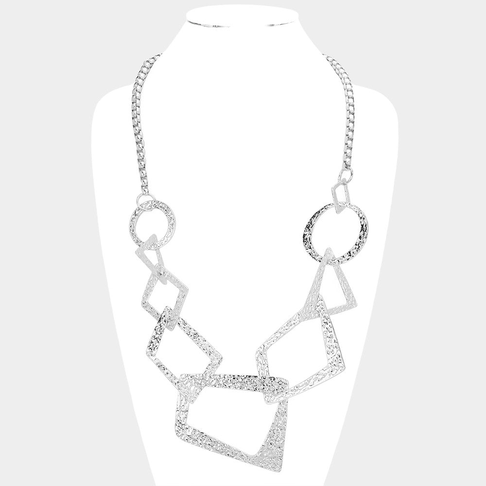 Textured Metal Open Geometric Ring Link Necklace